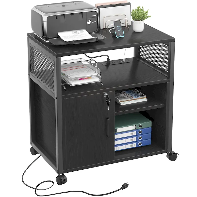 Rolling File Cabinet Lateral Office Filing Cabinets with Charging Station,Modern Printer Stand on Wheels