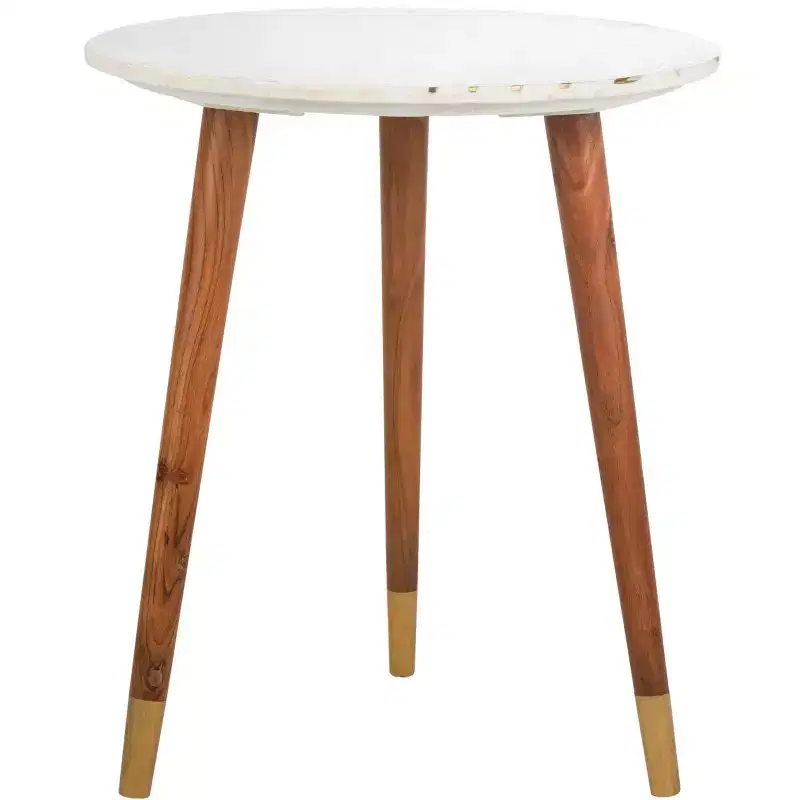 Round Marble Accent Table, White Marble Top with Brass Inlay and Acacia Wood Tapered Legs, No Assembly