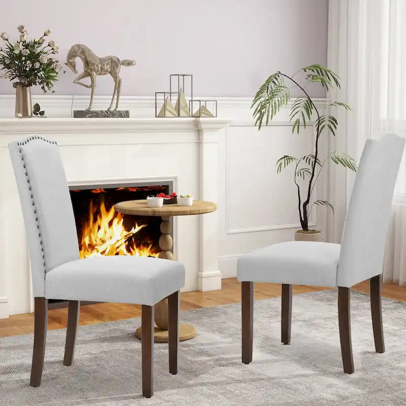Dining Chairs of 2, Upholstered Dining Room Chairs Fabric Kitchen Chairs with Solid Wood Frame and Nailhead Trim