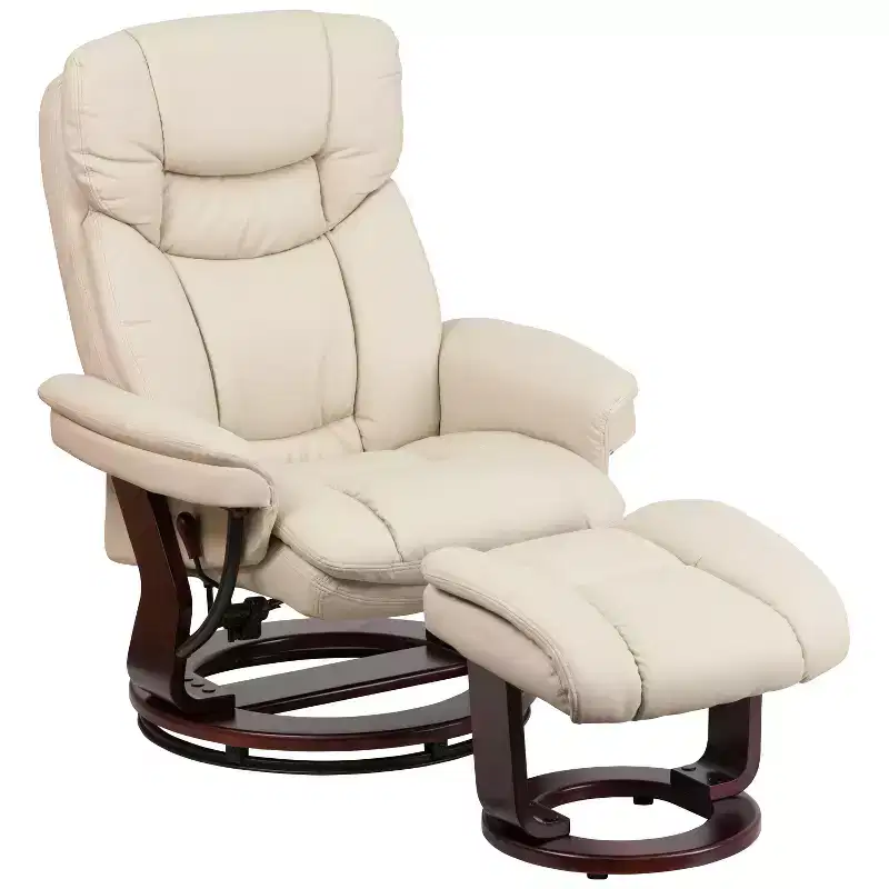 Flash Furniture Contemporary Multi-Position Recliner and Curved Ottoman with Swivel Mahogany Wood Base