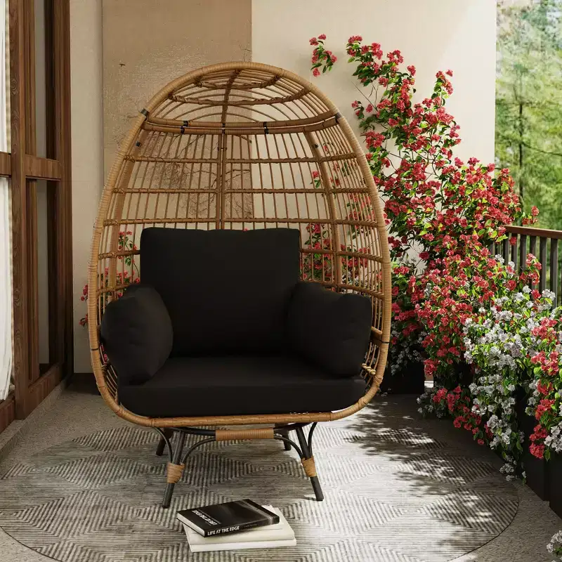 Swivel Egg Chair with Rattan Frame and Upholstered Cushion