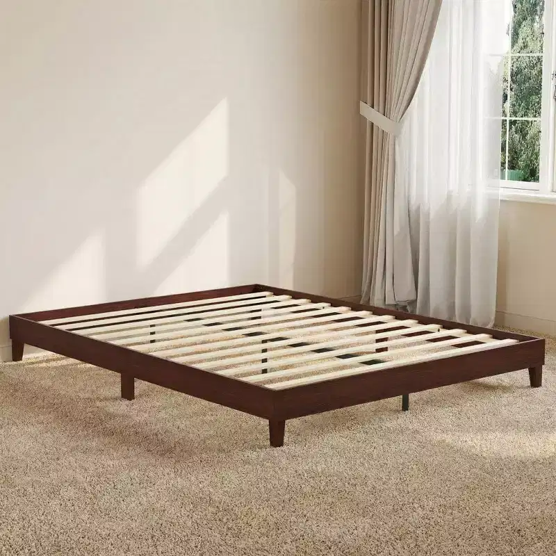 Queen Size Bed Frame,9 Inch Natural Sturdy Wood Platform Bed Without Headboard,Wooden Bed Frame with Strong Wood Slats Support