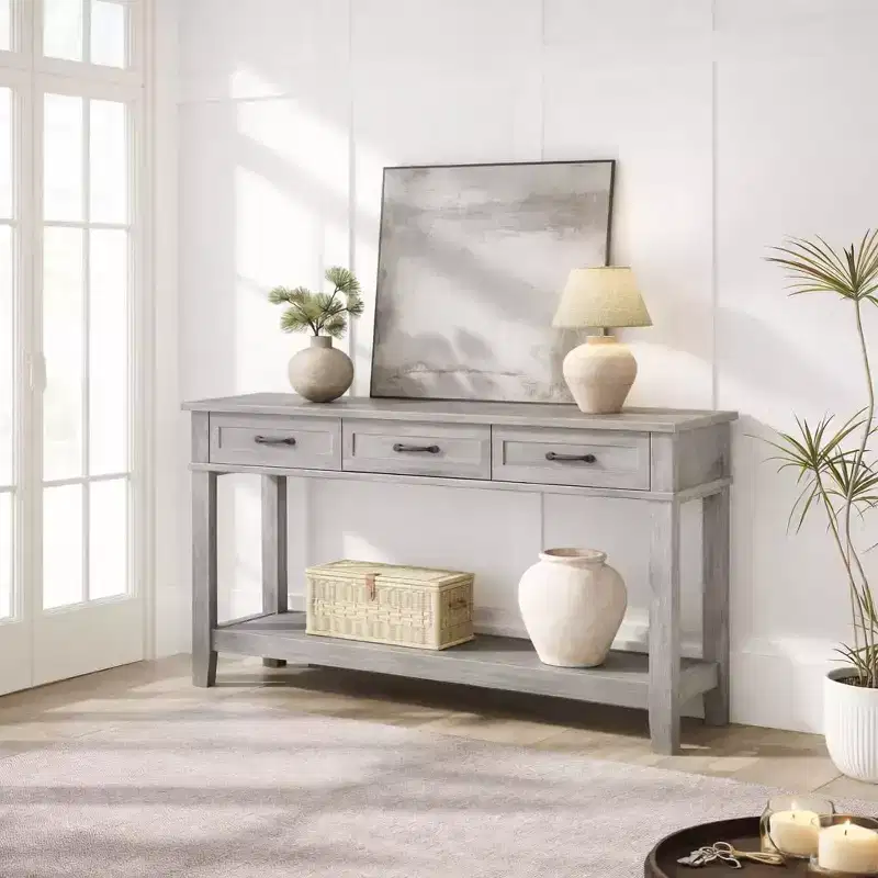 Farmhouse Console Table with 3 Drawers & Open Storage Shelf  2-Tier Wooden Sofa Table  Ideal for Entryway, Living Room, Hallway or Foyer