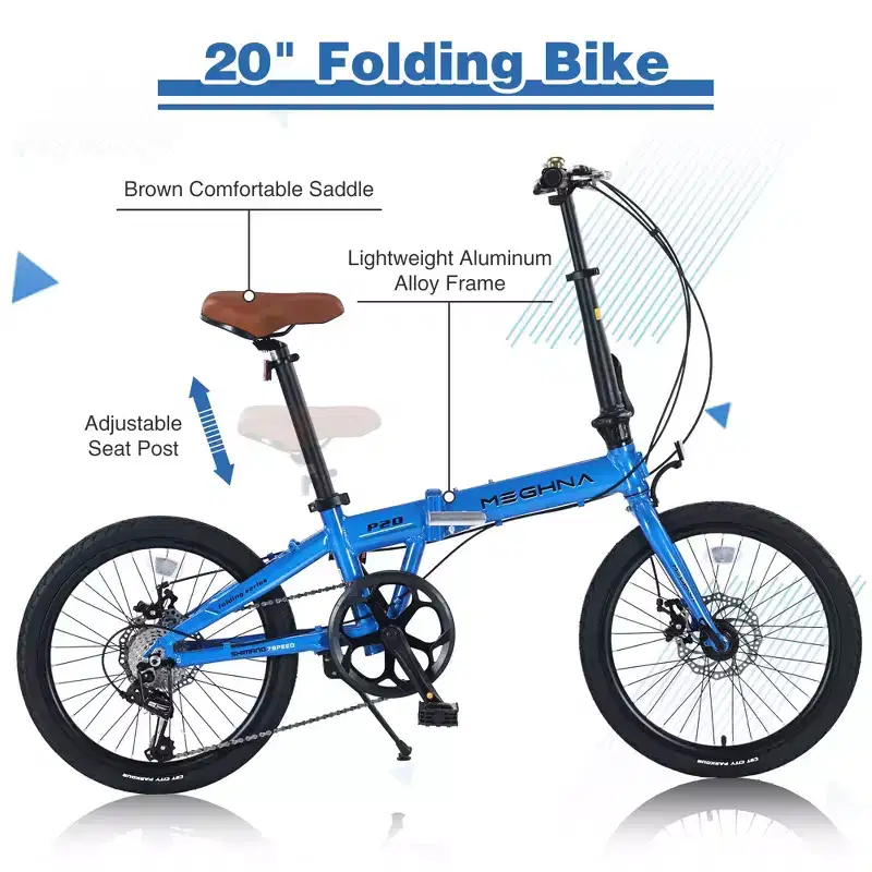 Okak 20IN Folding Bike with Lightweight Aluminum Frame, 7-Speed Cruiser Bikes with Adjustable Seat and Handlebar for City Commuter, Blue