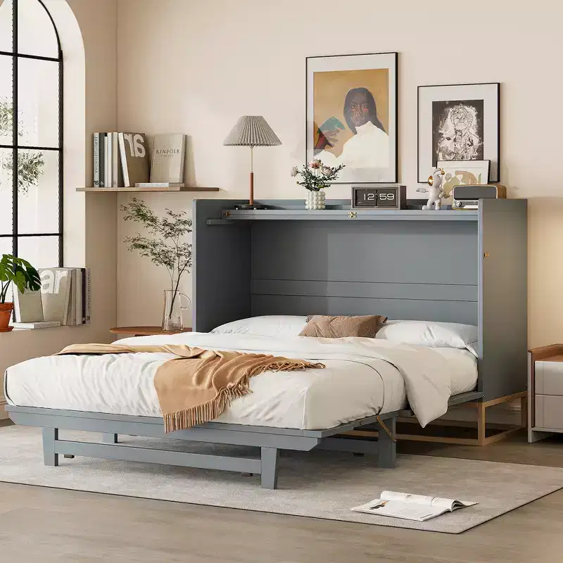 Whisen Modern Design Queen Size Murphy Bed, Folded into a Cabinet with Iron Legs