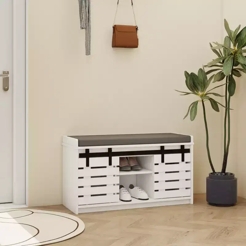 Farmhouse Shoe Storage Bench with Sliding Barn Door & Removable Cushion, Entryway Hallway Bench for Bedroom Mudroom