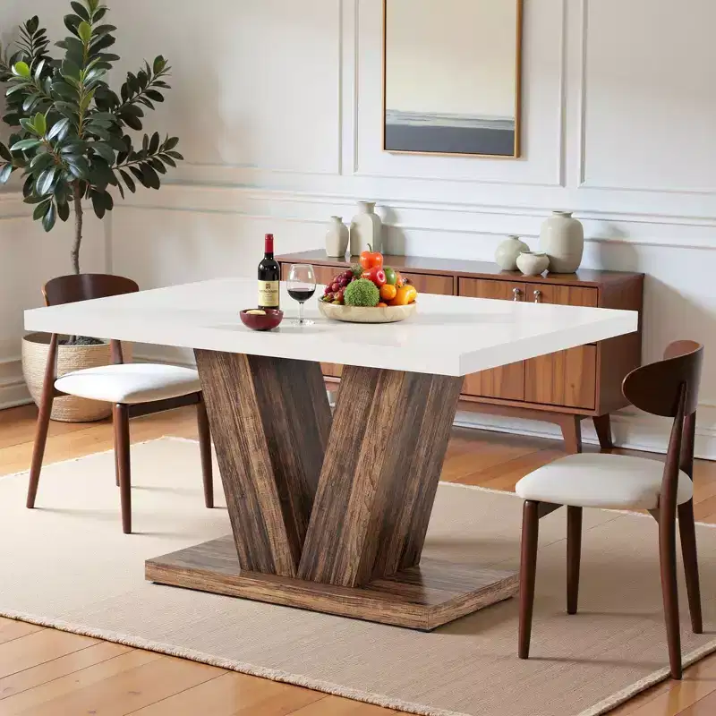 TUYOHW Farmhouse Dining Table for 4-6,Rectangular Kitchen Table with 1.57 Thick Top & Triangle Support,47.2 L,White+Brown