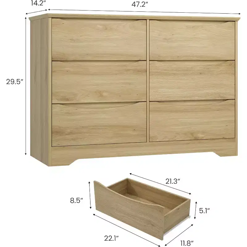Wooden Dresser with 6 Drawers, Long Storage Dresser, Modern Closet, for Bedroom, Living Room