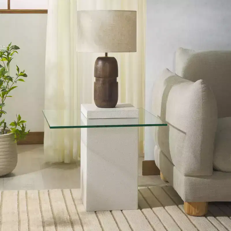 Sophibeth Concrete And Glass Accent Table - Indoor/Outdoor - SFV2610 - Ivory/Clear - Safavieh Couture
