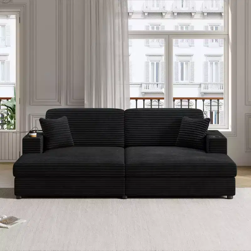 86.5 Oversized Loveseat Chaise Lounge Sectional Sofa Bed Corduroy Sleeper Sofa with Two USB Ports