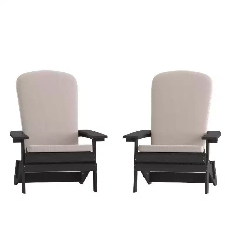 Flash Furniture Charlestown Set of 2 All-Weather Poly Resin Indoor/Outdoor Folding Adirondack Chairs with Cushions for Deck, Porch, and Patio