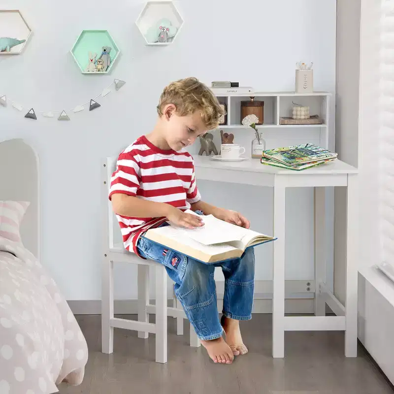 Costway Kids Corner Desk & Chair Set Wooden Study Writing Workstation with Storage & Hutch