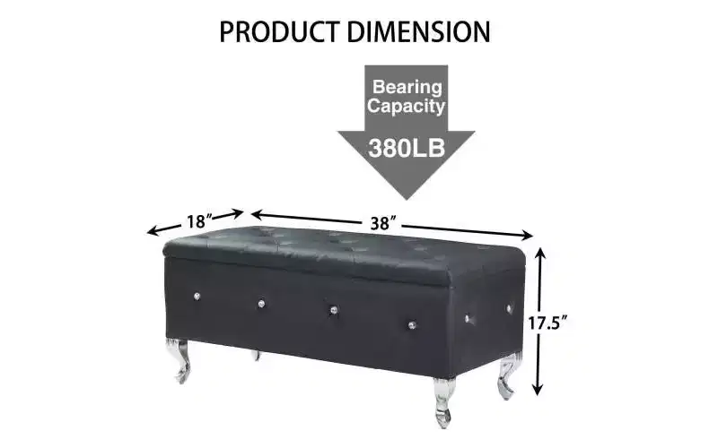 Tufted Storage Ottoman Bench with Crystal Buttons & Flannel Upholstery, 38.5