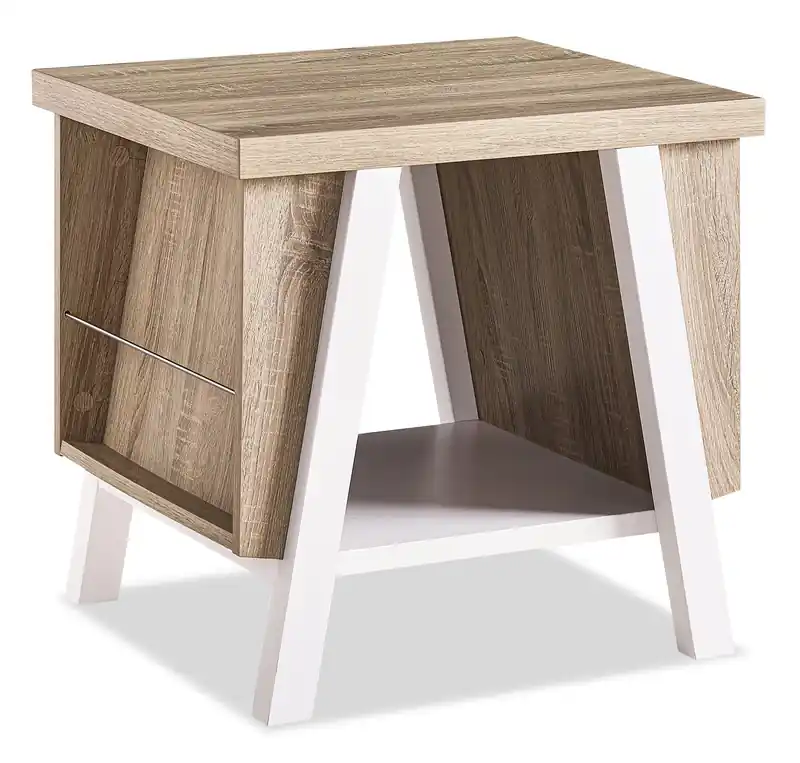 22 Modern End Table with Storage and Shelf - White and Light Brown