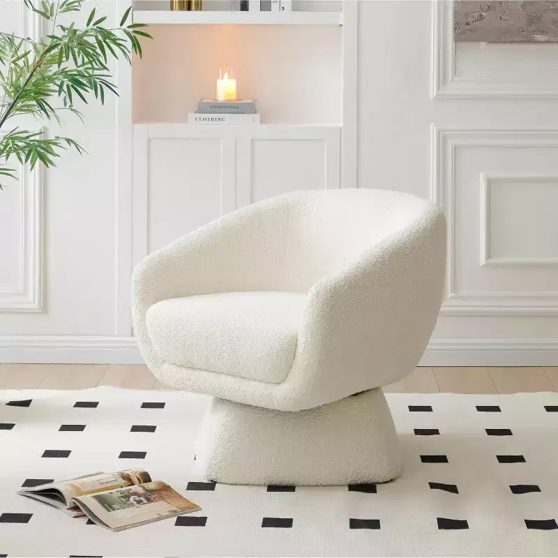 White Boucle Upholstered Accent Chair,Leisure Armchair with Enlarged Seat,Square Base,Solid Wood Frame,Reading Chair for Living Room,Bedroom