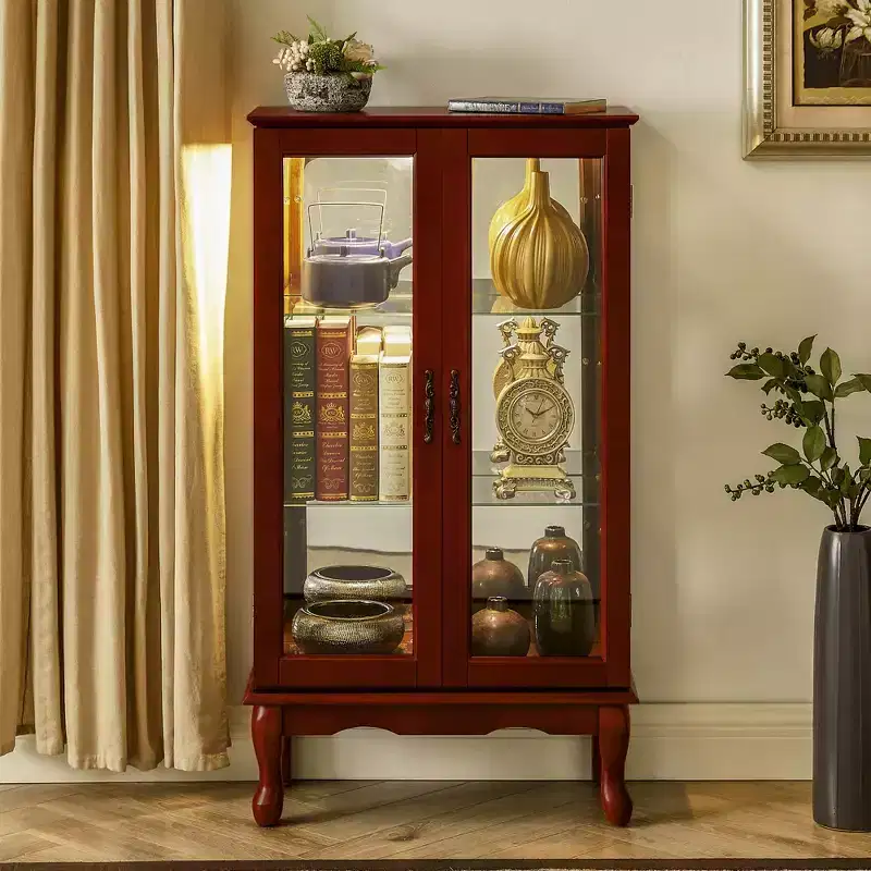Glass Curio Cabinet with Adjustable Shelves, Tempered Glass Doors & Mirror Back, Modern Display Cabinet for Living Room Kitchen