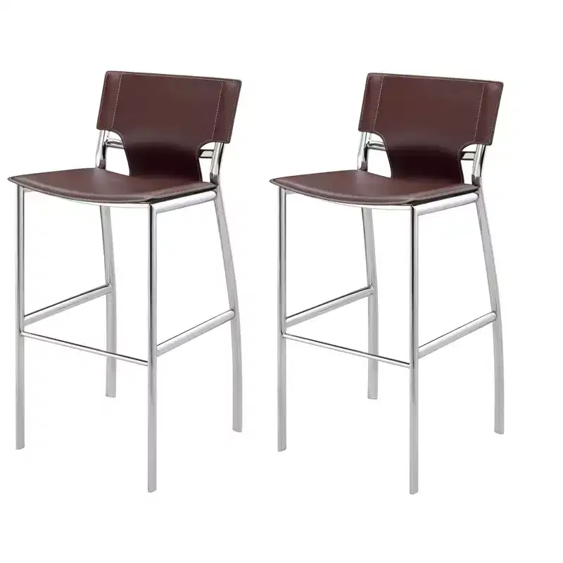 HomeRoots Set of Two 25 Brown and Silver Faux Leather and Metal Low Back Counter Height Bar Chairs