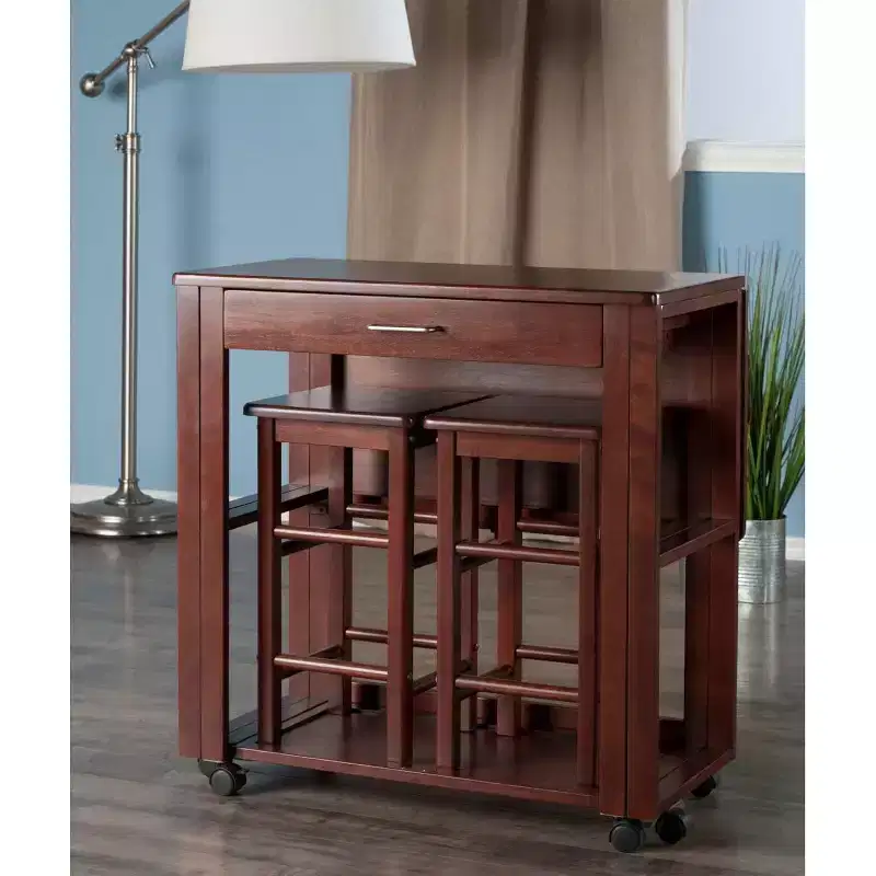 HomeStock Fremont 3-Pc Space Saver with Tuck-away Stools, Walnut