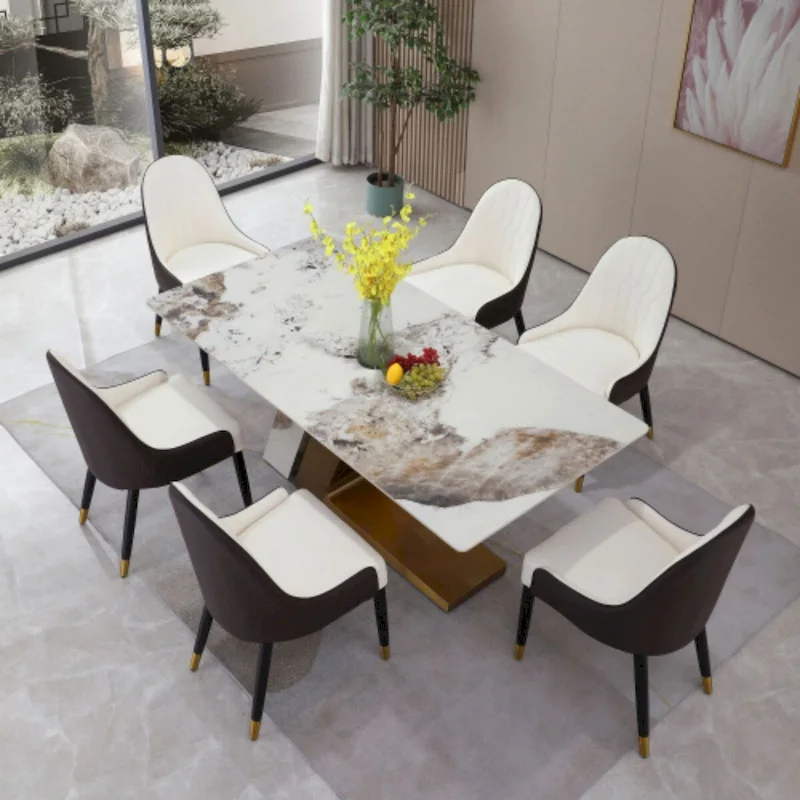 71in Contemporary Gold Marble Dining Table with 6 pcs Chairs