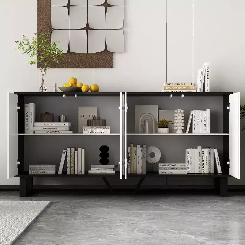 Modern Black & White Buffet Sideboard with Geometric Pattern Doors, Adjustable Shelves and Spacious Storage for Dining & Living Spaces
