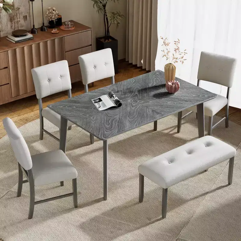 6 Piece Vintage Dining Table Set for 6, Farmhouse Dining Set with 4 Upholstered Dining Chairs & Bench, Natural Wood Wash/Gray - ModernLuxe