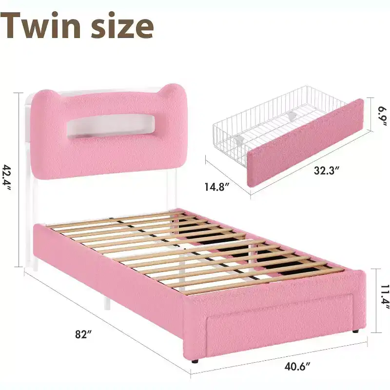 Twin Size Kids Bed Frame with LED Lights, Storage Headboard & Drawer, Pink