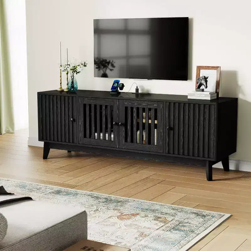 Mid Century Modern TV Stand with Grille Doors, Adjustable Shelves, and Storage