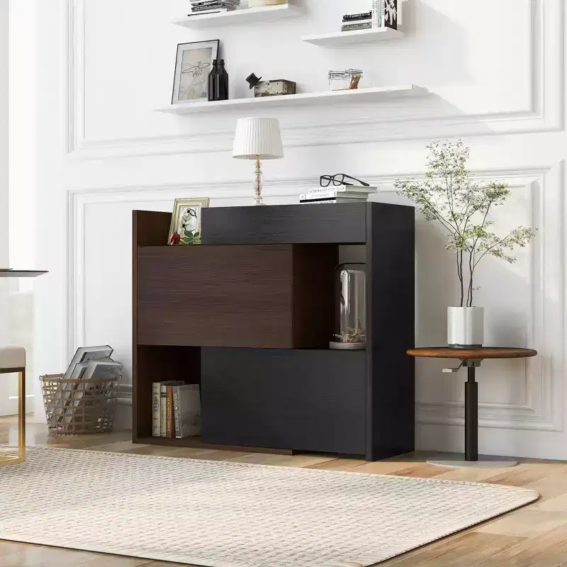 32.5''-58.8'' Extendable & Rotating Shoe Cabinet with Drawer, 90-Degree Corner Storage Cabinet for Entryway & Living Room, Black+Walnut - ModernLuxe