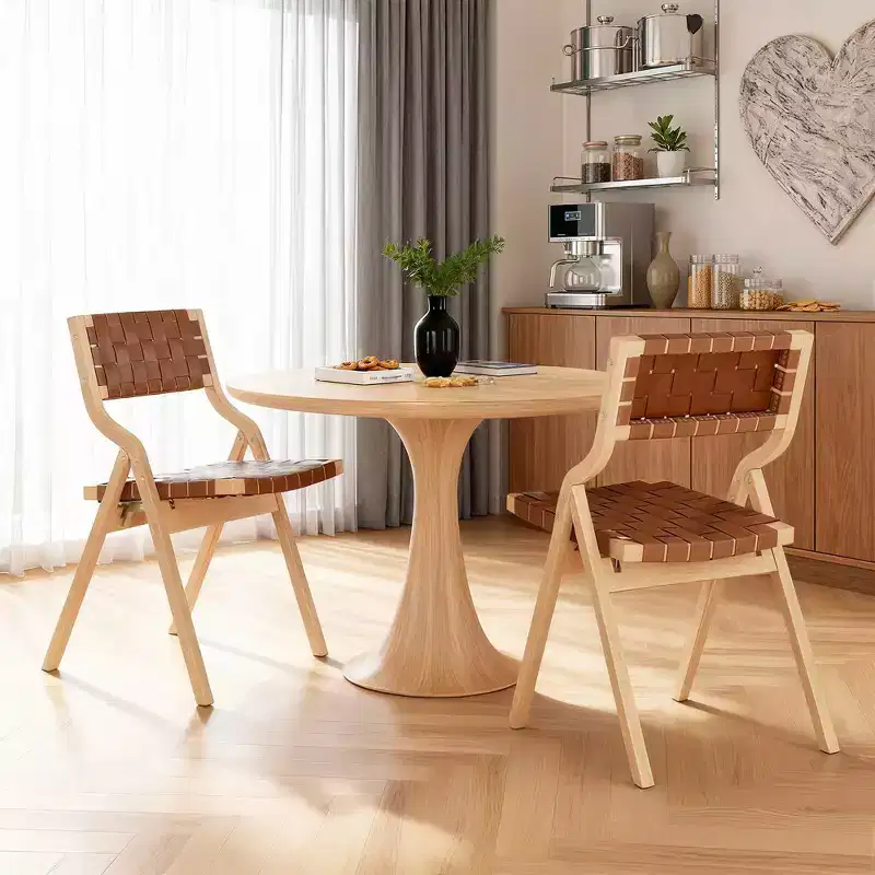Set of 2 Wood Foldable & Stackable Dining Chairs, Woven Seat & Back — Beige/Natural