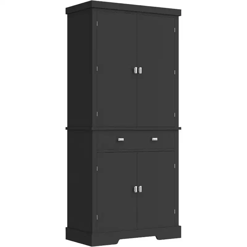 Black / White Farmhouse Kitchen Pantry Cabinet, 4-Door Freestanding Storage Cupboard