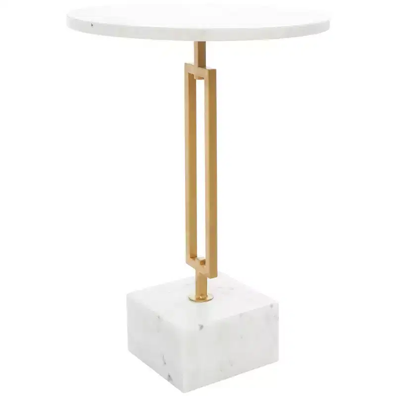 Olivia & May Marble Geometric Accent Table with Gold Metal Rectangular Stand White: Elegant Iron Pedestal Base