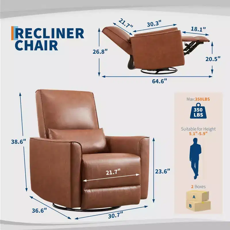 Swivel Rocking Recliner Chair, Manual Recliner Glider, Lumbar Support & Padded Armrest, Comfortable Rocker Recliner, for Living Room, Bedroom