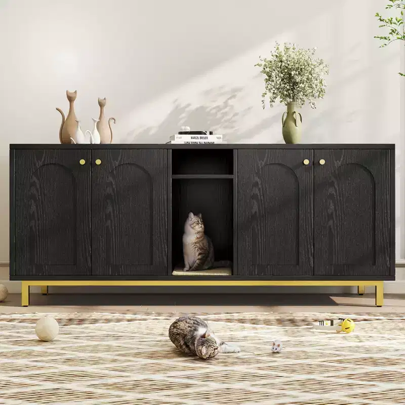 Black Litter Box Enclosure with Storage Cabinet, Large Capacity, Double Magnetic Door Design, Built-in Scratching Pad