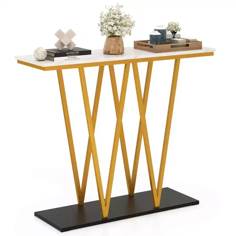 40 Gold Entryway Table with Faux Marble Table & Metal Frame, Storage Base, White