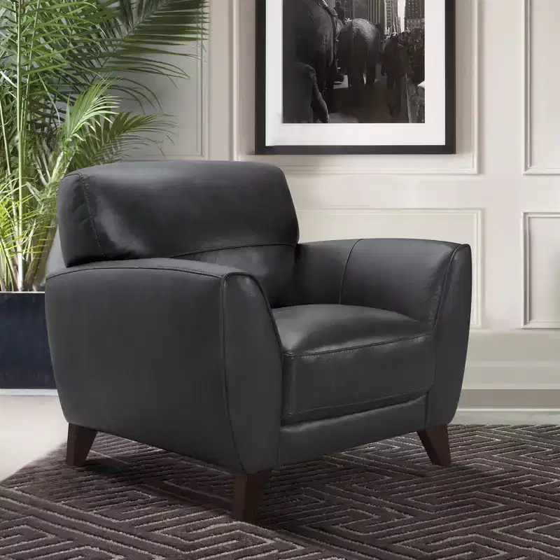 Armen Living Jedd Contemporary Chair Black: Genuine Leather, Dacron Foam, Hardwood Legs, No Assembly Required