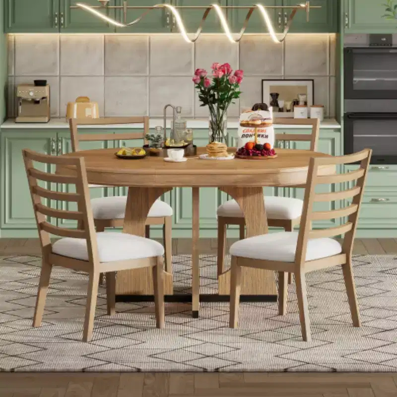 5-Piece Retro Rustic Dining Ensemble, Unique Geometric Table with 16-inch Extension Leaf and 4 Cushioned Chairs