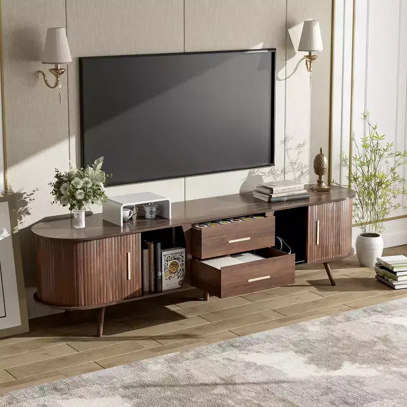 TV Stand for TVs up to 80, Mid-Century Modern TV Console Media Console Entertainment Center with Sliding Doors & 2 Drawers, Dark Brown - ModernLuxe