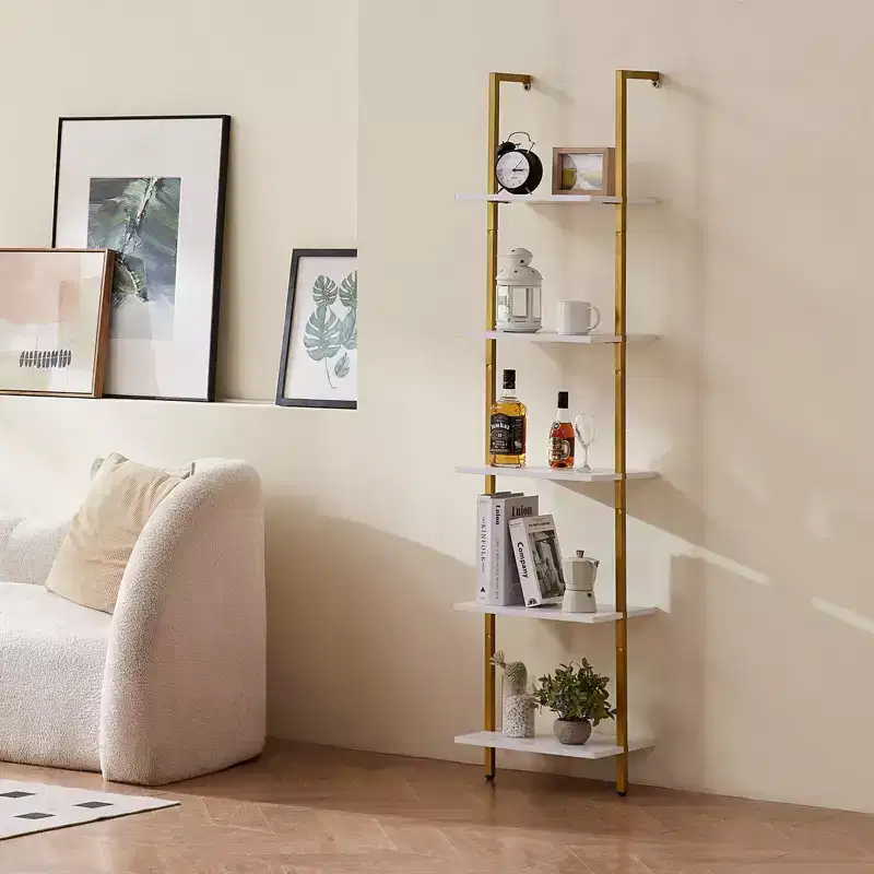 5-Tier Ladder Shelf, Open Wall-Mounted Bookshelf with Metal Frame, Storage Rack, Gold & White