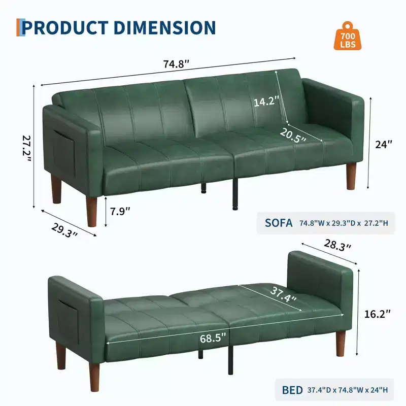 Acekool 75-Inch Futon Sofa Bed, Faux Leather Convertible Couch, Modern Mid-Century Loveseat for Small Spaces, Living Room, Bedroom, Green