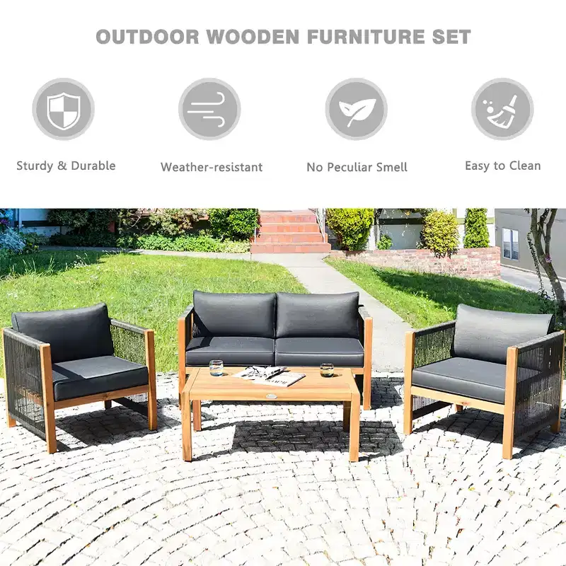 Costway 4PCS Wooden Patio Furniture Set Cushioned Sofa W/Rope Armrest White\Turquoise\Red