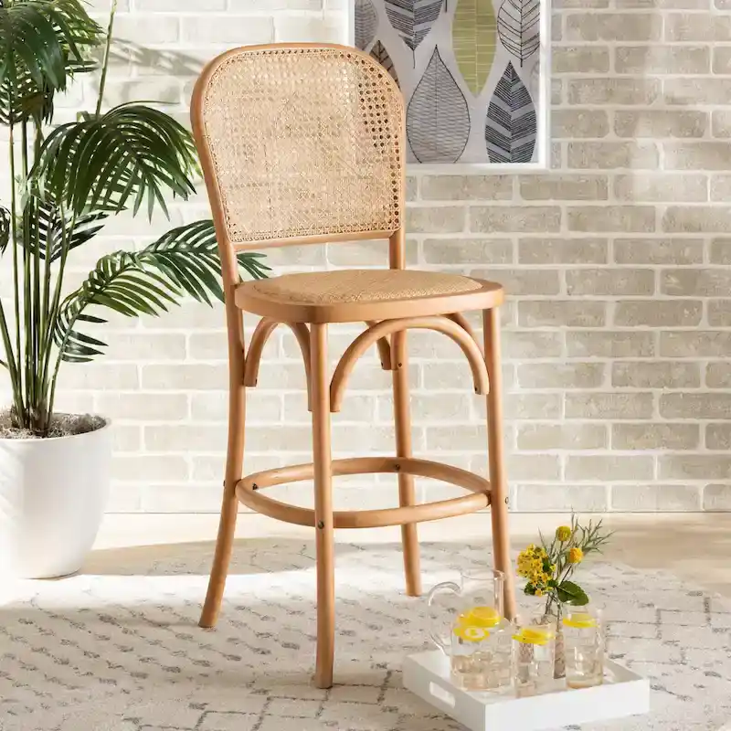Vance Mid-Century Modern Woven Rattan and Wood Counter Stool