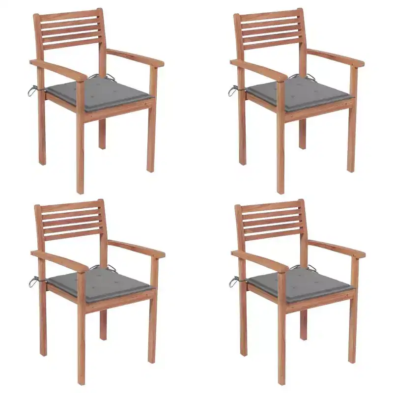 vidaXL Outdoor Patio Chairs, Set of 4, Includes Gray Cushions, Made of Durable Solid Teak Hard Wood, Stackable Design, Versatile for Home or Cafe Use