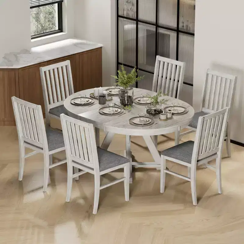 VECELO Round Extendable Dining Table Set, Rubber Wood Table with 4/6 Armless Upholstered Dining Chairs for Kitchen, Gray