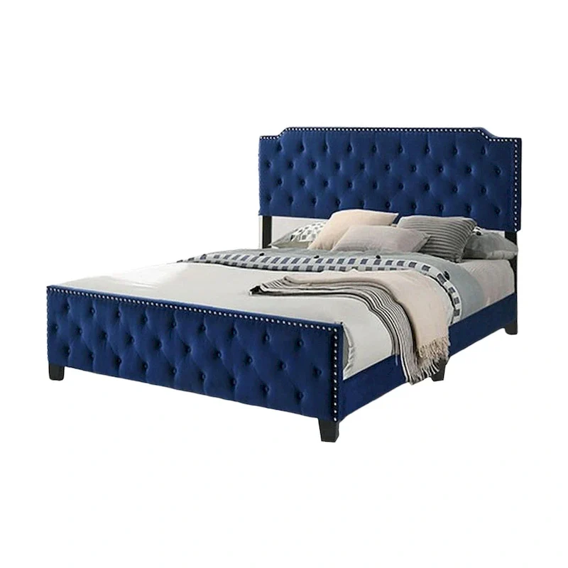 Navy Blue California King Upholstered Bed with Button-Tufted Headboard and Nailhead Trim – Mattress Not Included
