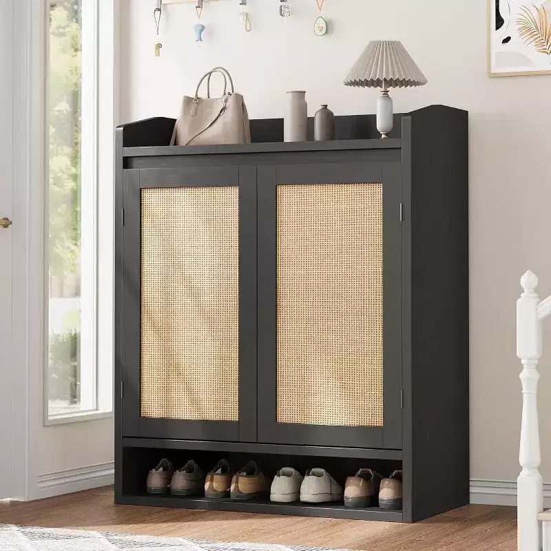 31.5 Natural Rattan Shoe Cabinet with 2 Doors, 5-Tier Wooden Organizer with Adjustable Shelves for Entryway & Living Room