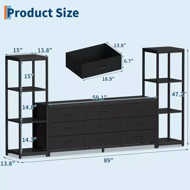 Industrial TV Stand for TVs Up to 75, Living Room Entertainment Center with 9 Fabric Dressers & 2 4-Tier Storage Shelves, Media Console for Bedroom
