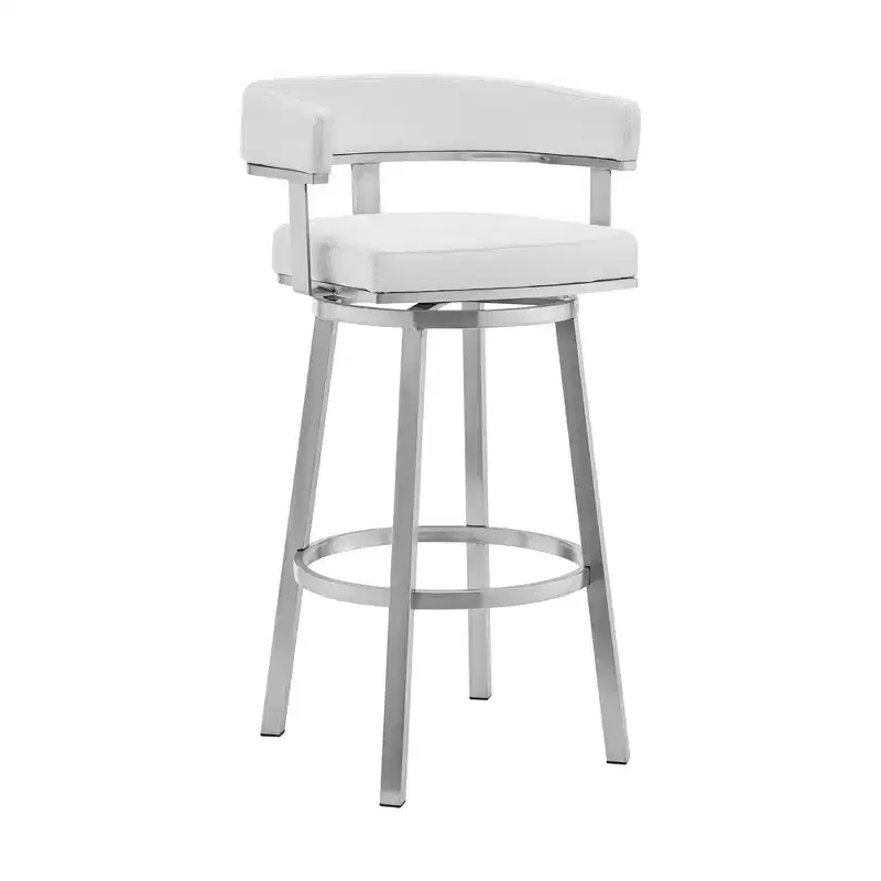 30 in. White and Silver Faux Leather Stainless Steel Bar Stool