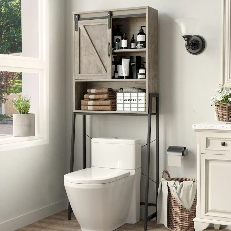 Over-Toilet Storage Cabinet with Sliding Barn Door and Adjustable Shelves