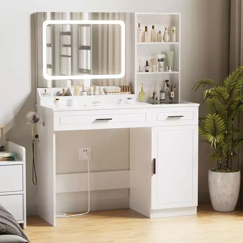Makeup Desk Vanity with Charging Station and Storage Shelves White One Cabinet