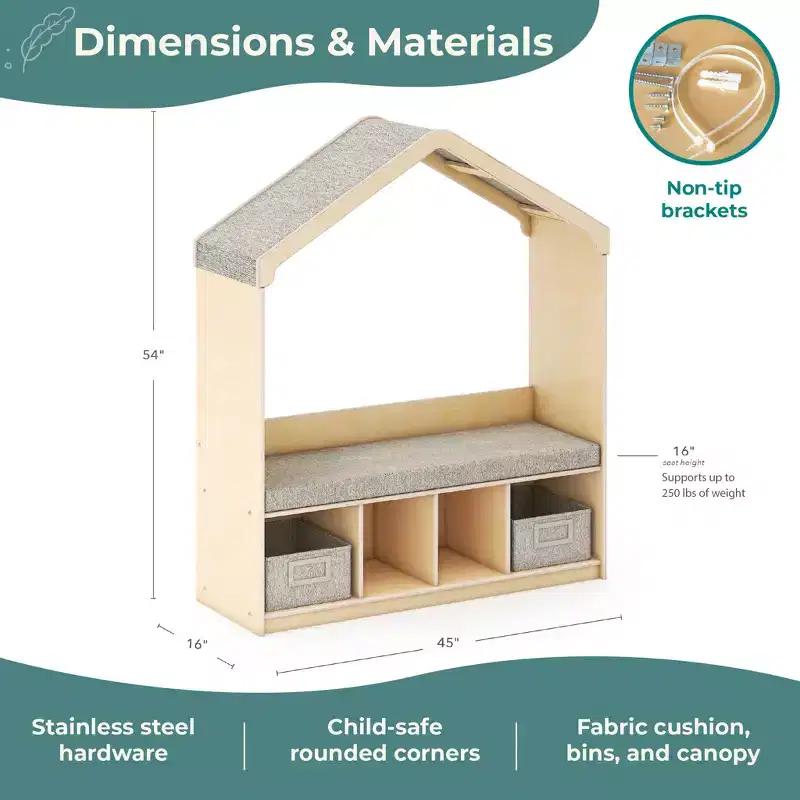 Kids' Reading Nook with Storage, Children's Bookshelf Bench with 4 Cubbies & 2 Fabric Bins, Ages 3-9